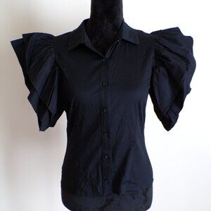 Black flare Sleeve Button Front Blouse – Collared Short Sleeve Top